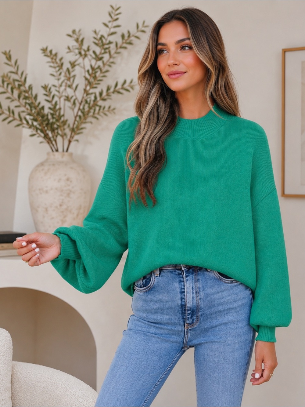 NEW Emerald Green Mock Neck Ribbed Knit Balloon Sleeve Sweater Size Small